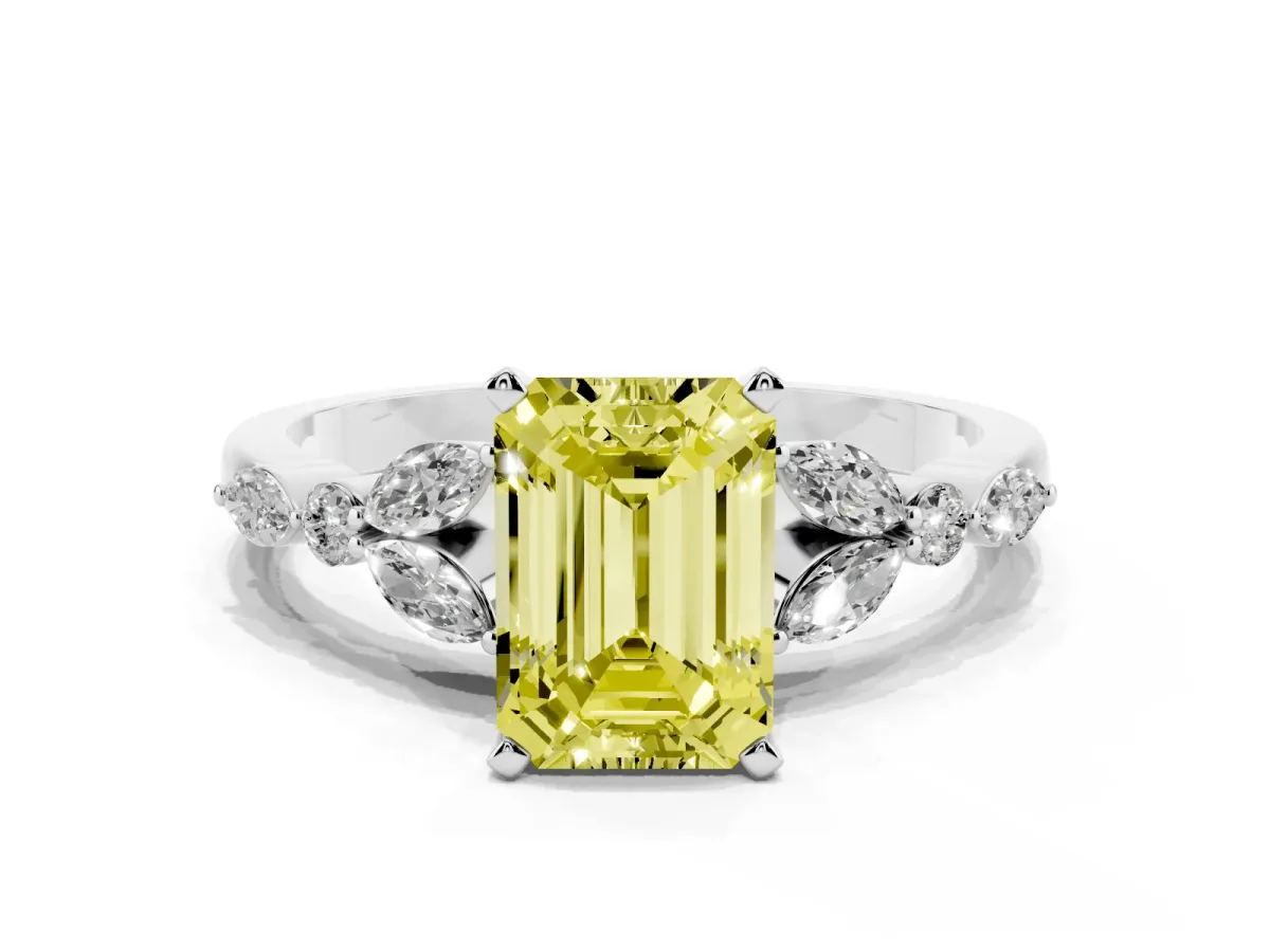Fancy Yellow Emerald Cut Diamond Solitaire Ring with Side Stones and Four-Prong Setting Platinum