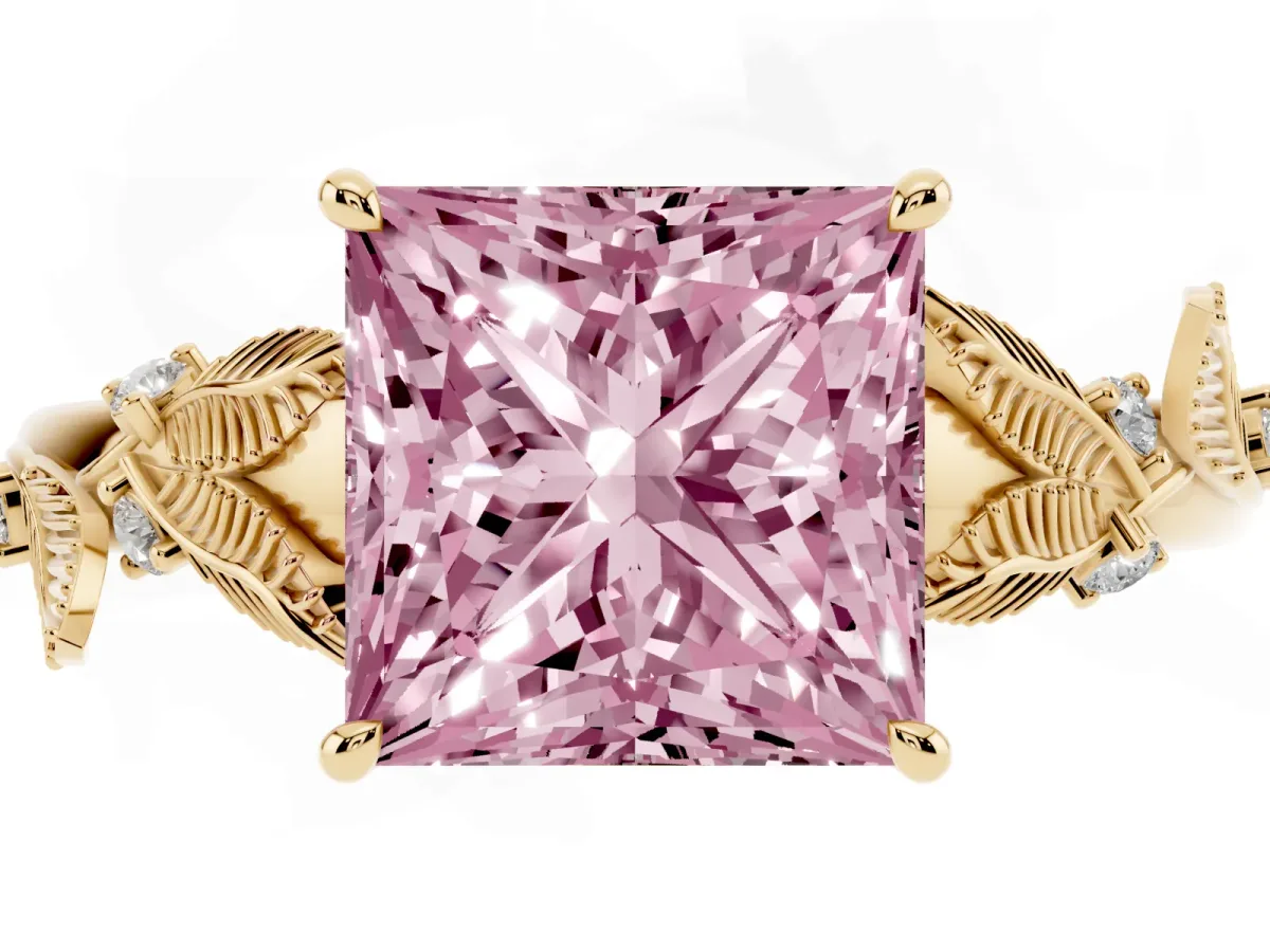 Fancy Pink Princess Cut Diamond Solitaire Ring with Leaf Motif Band and Four-Prong Setting Yellow gold