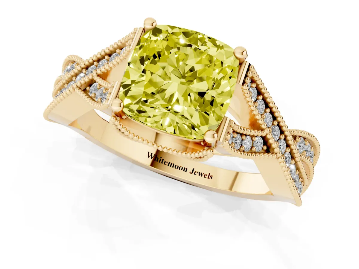 Fancy Yellow Cushion Cut Cut Diamond Twisted Band with Milgrain Pave Setting and Four-Prong Setting Yellow gold