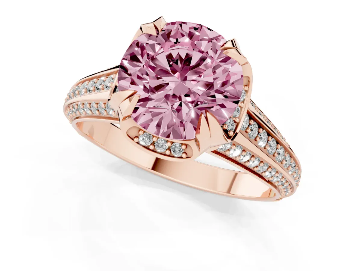 Fancy Pink Round Cut Solitaire Pave Split Shank Ring with Four-Prong Setting Rose gold