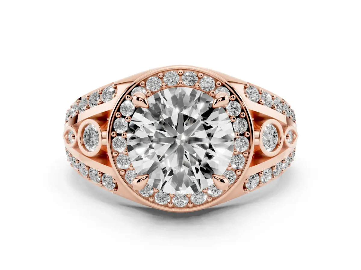 Round Cut Diamond Halo Ring with Split Shank and Bezel Accents and Four-Prong Setting Rose gold