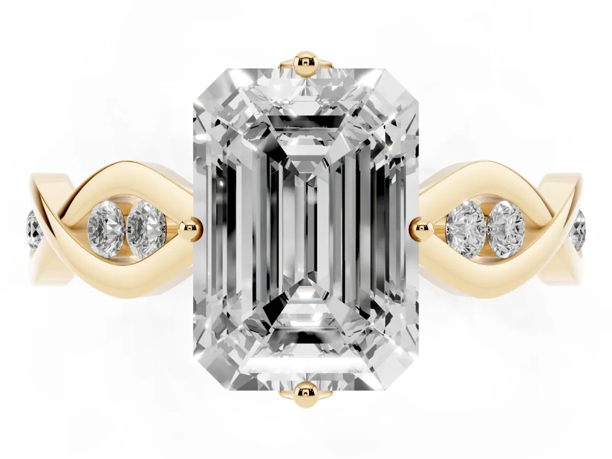 Emerald Cut Solitaire Twist Band with Leaf Prong Setting Yellow gold