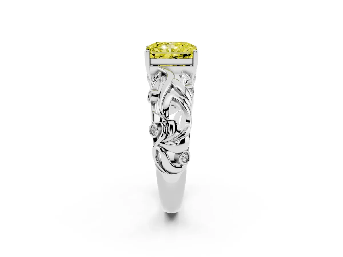 Fancy Yellow Radiant Cut Solitaire Diamond Leaf-Inspired Vine Band Ring with Prong Setting White gold