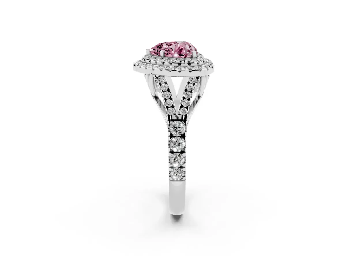 Fancy Pink Heart Cut Cut Double Halo Split Shank Diamond Ring with Prong Setting Platinum