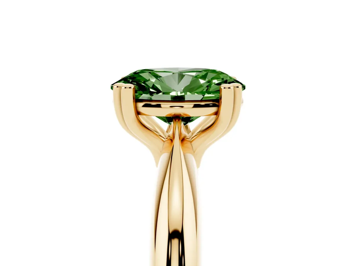 Fancy Green Oval Cut Cut Solitaire Engagement Ring with Tapered Band and Four-Prong Setting Yellow gold