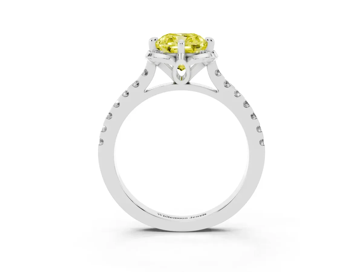 Fancy Yellow Cushion Cut Diamond Ring with Pavé Band and Floral Prong Setting White gold