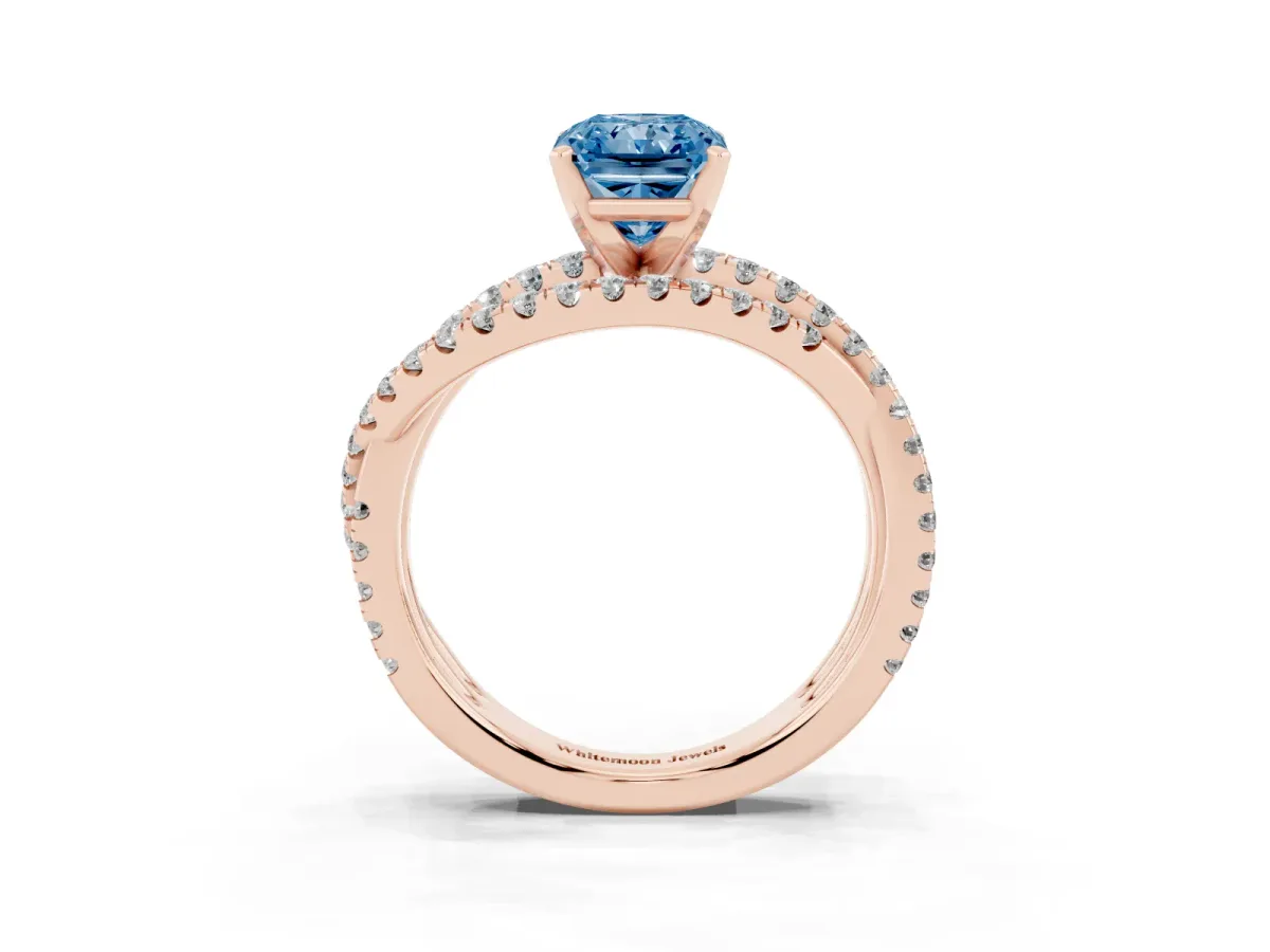 Fancy Blue Radiant Cut Solitaire Twist Band with Pavé Setting and Four-Prong Setting Rose gold