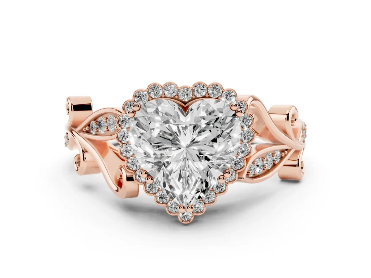 Heart Cut Diamond Halo Ring with Vintage Split Shank and Four-Prong Setting Rose gold