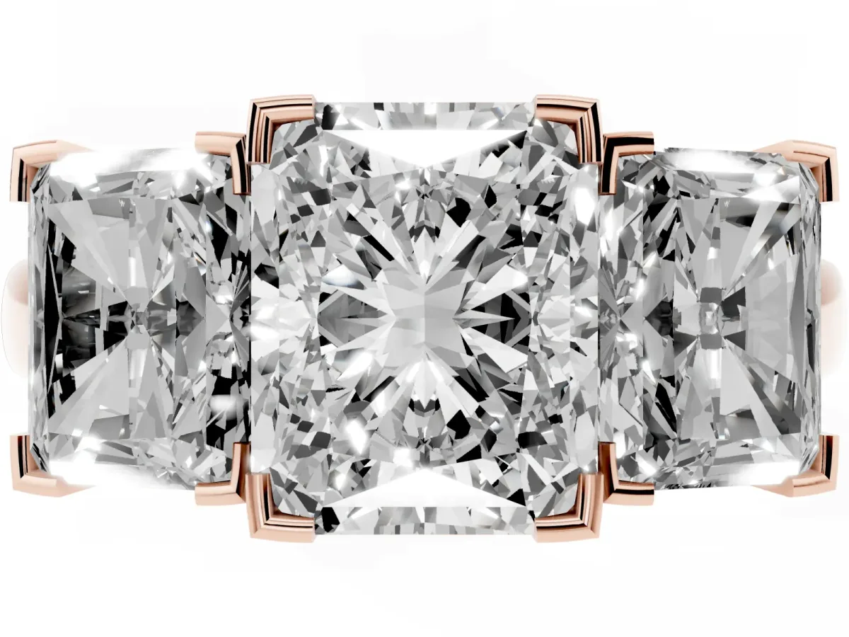 Three-Stone Radiant Cut Cut Diamond Ring with Channel Set Band and Four-Prong Setting Rose gold