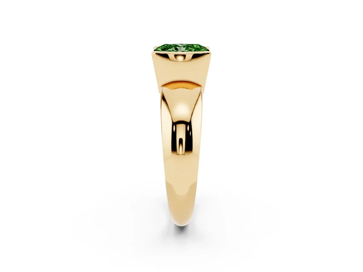 Fancy Green Radiant Cut Solitaire Tension Set Diamond Ring with Wide Band Yellow gold