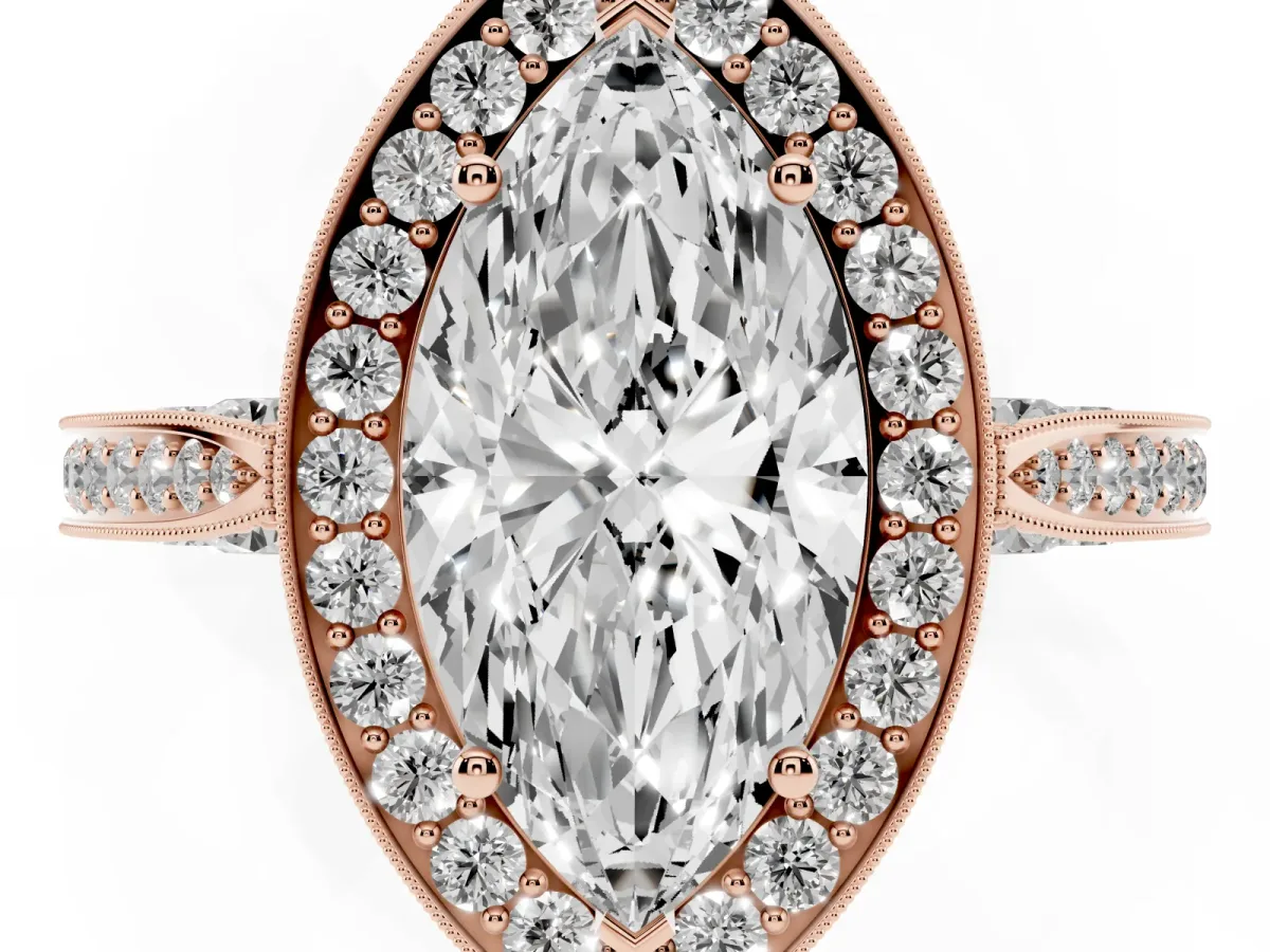 Marquise Cut Halo Diamond Engagement Ring with Split Shank Band and Four-Prong Setting Rose gold