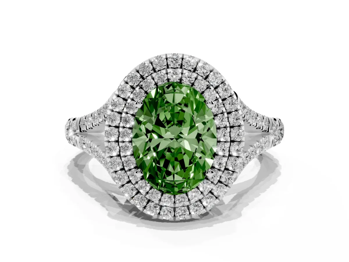 Fancy Green Double Halo Oval Cut Diamond Split Shank Engagement Ring with Four-Prong Setting Platinum