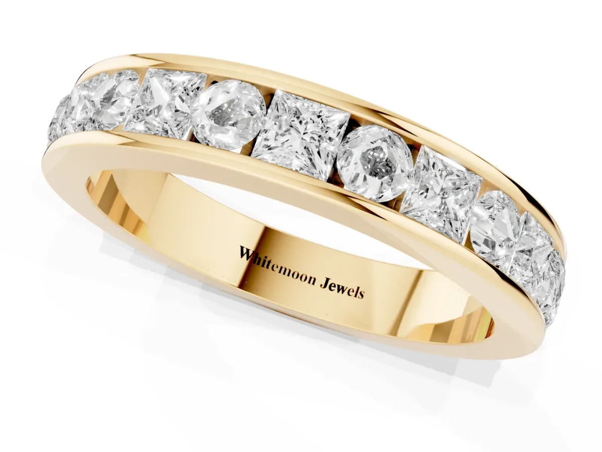 Princess Diamond Channel Set Promise Ring with Round Diamond Accents Yellow gold