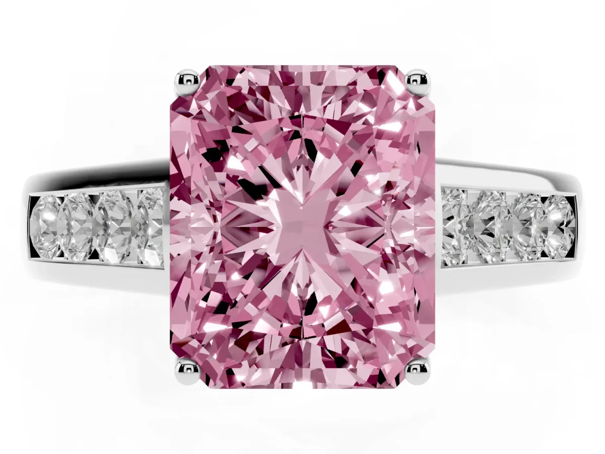 Fancy Pink Radiant Cut Solitaire Channel-Set Diamond Engagement Ring with Four-Prong Setting Silver