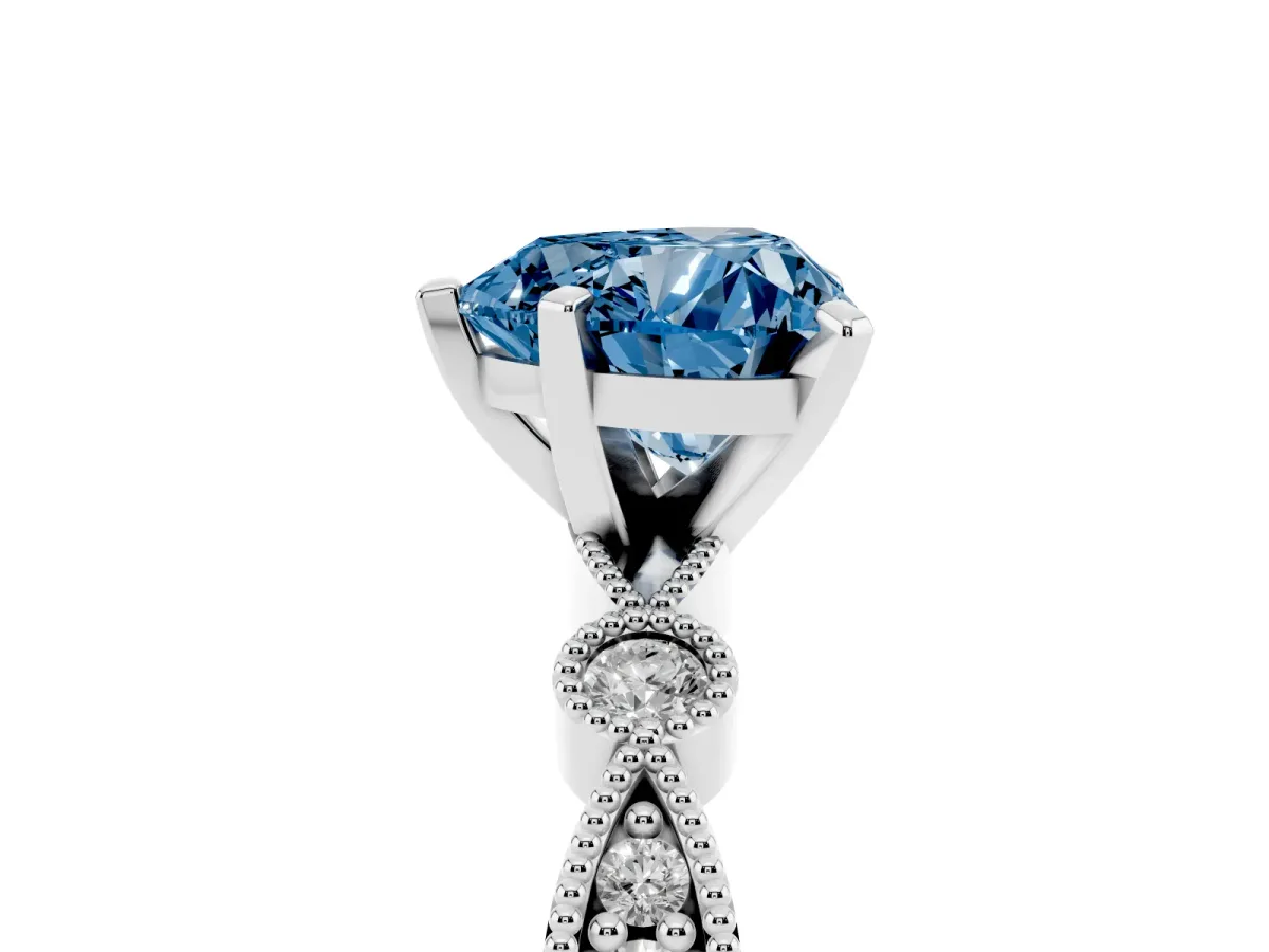 Fancy Blue Heart Cut Milgrain Bezel Diamond Engagement Ring with Solitaire Prong Setting Silver