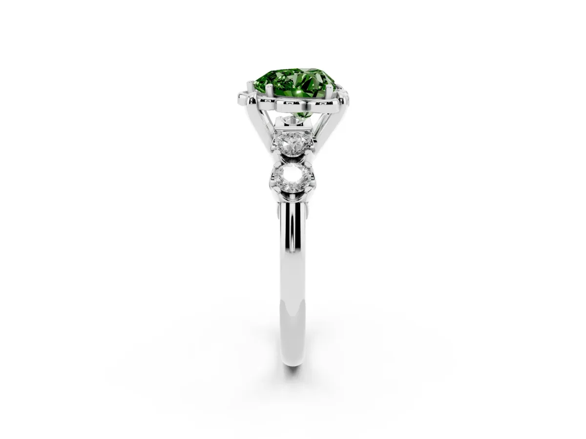 Fancy Green Heart Cut Cut Diamond Floral Halo Engagement Ring with Shared Prong Setting Platinum