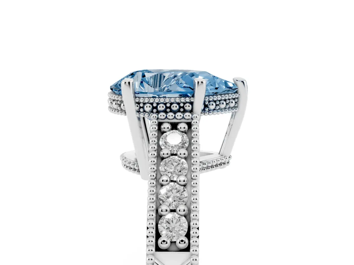 Fancy Blue Pear Cut Solitaire Pavé Diamond Milgrain Engagement Ring with Four-Prong Setting Silver