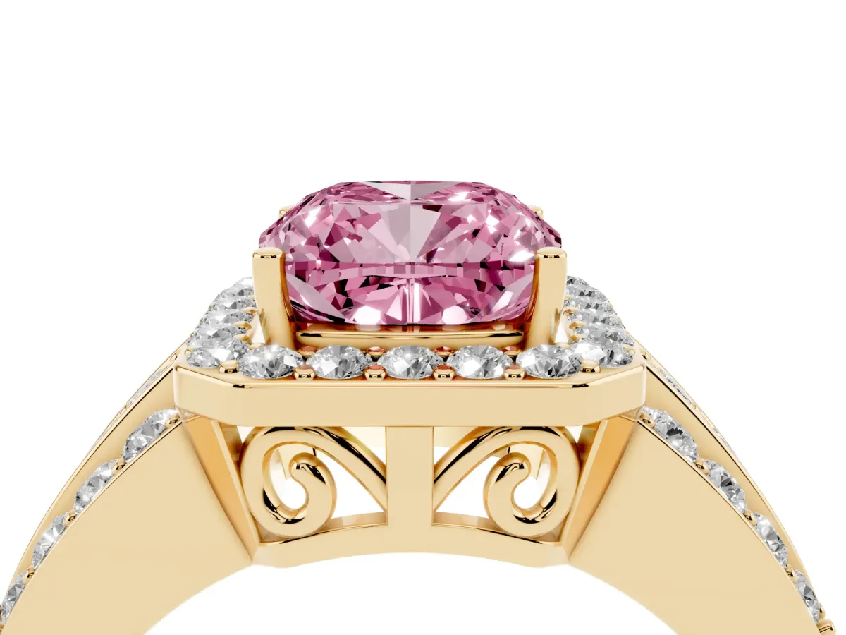 Fancy Pink Cushion Cut Halo Diamond Ring with Round Split Shank and Prong Setting Yellow gold