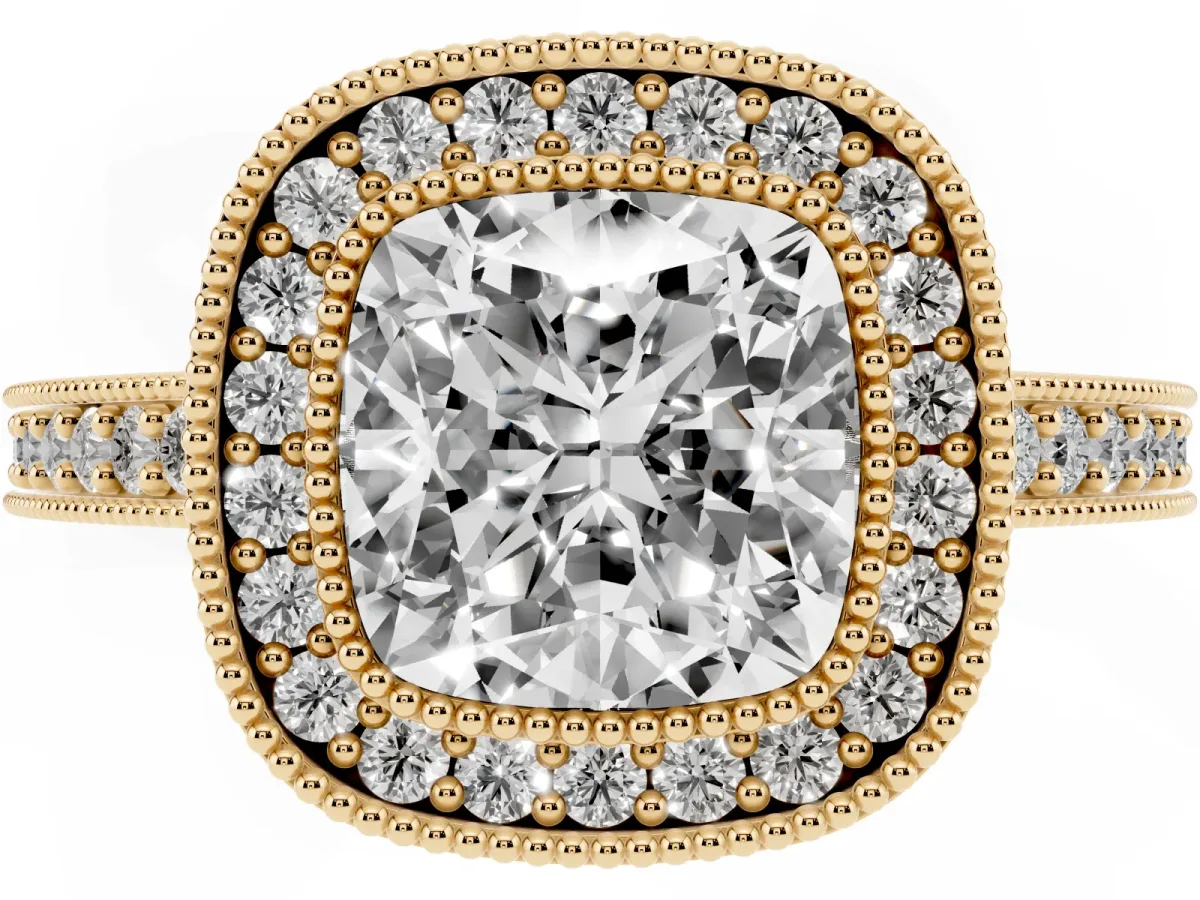 Cushion Cut-Cut Diamond Halo Engagement Ring with Pave Band and Prong Setting Yellow gold