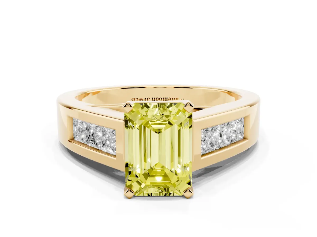 Fancy Yellow Emerald Cut Cut Channel Set Solitaire Ring with Four-Prong Setting Yellow gold