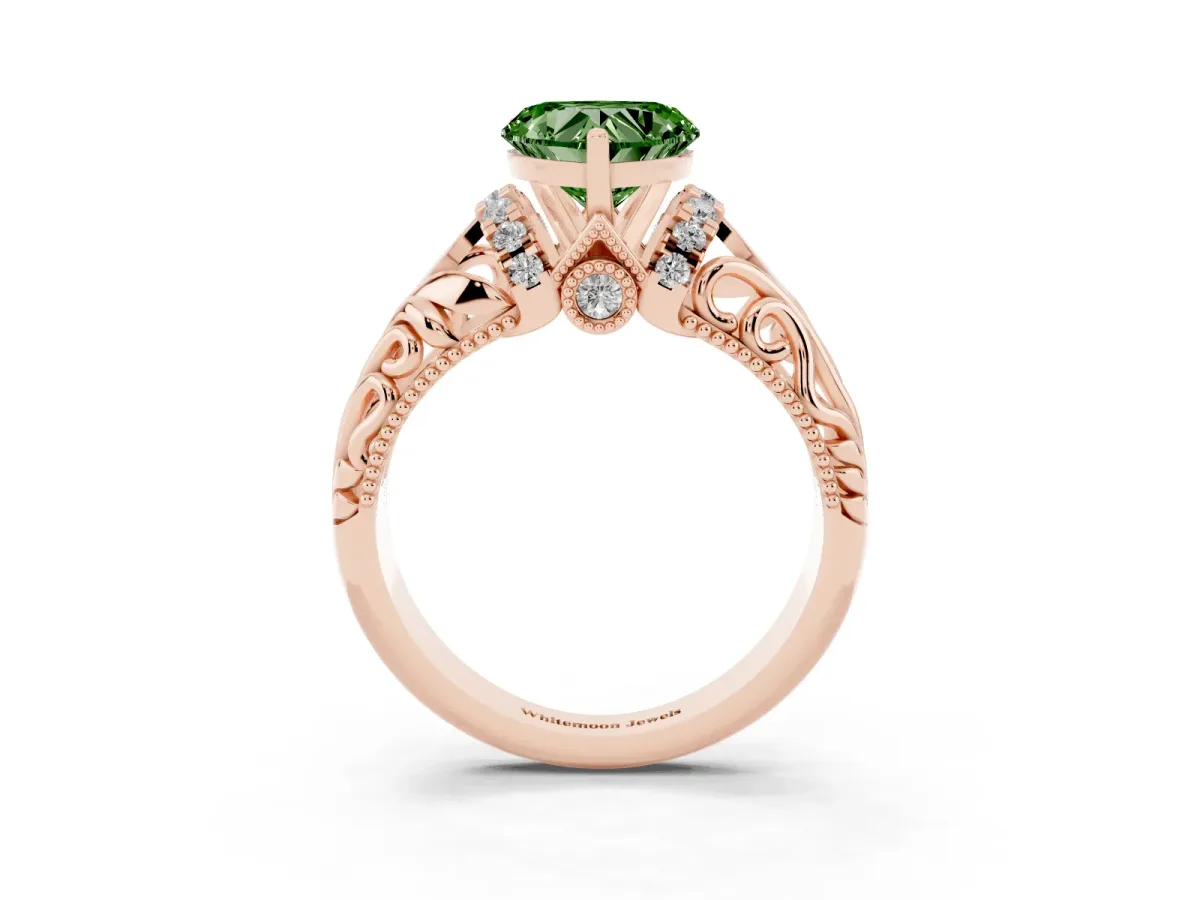 Fancy Green Heart Cut Solitaire Filigree Engagement Ring with Halo and Prong Setting Rose gold