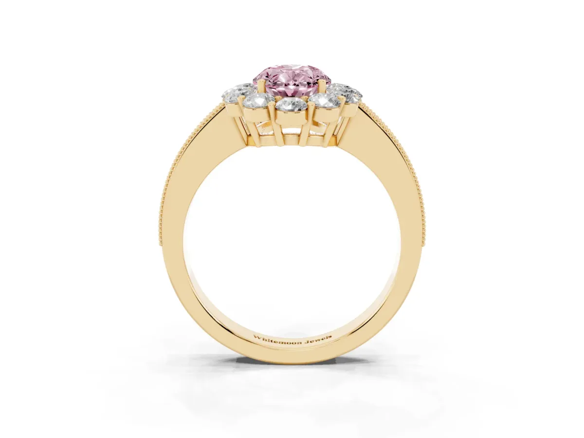 Fancy Pink Oval Cut Cut Halo Diamond Pavé Engagement Ring with Milgrain Detailing Yellow gold