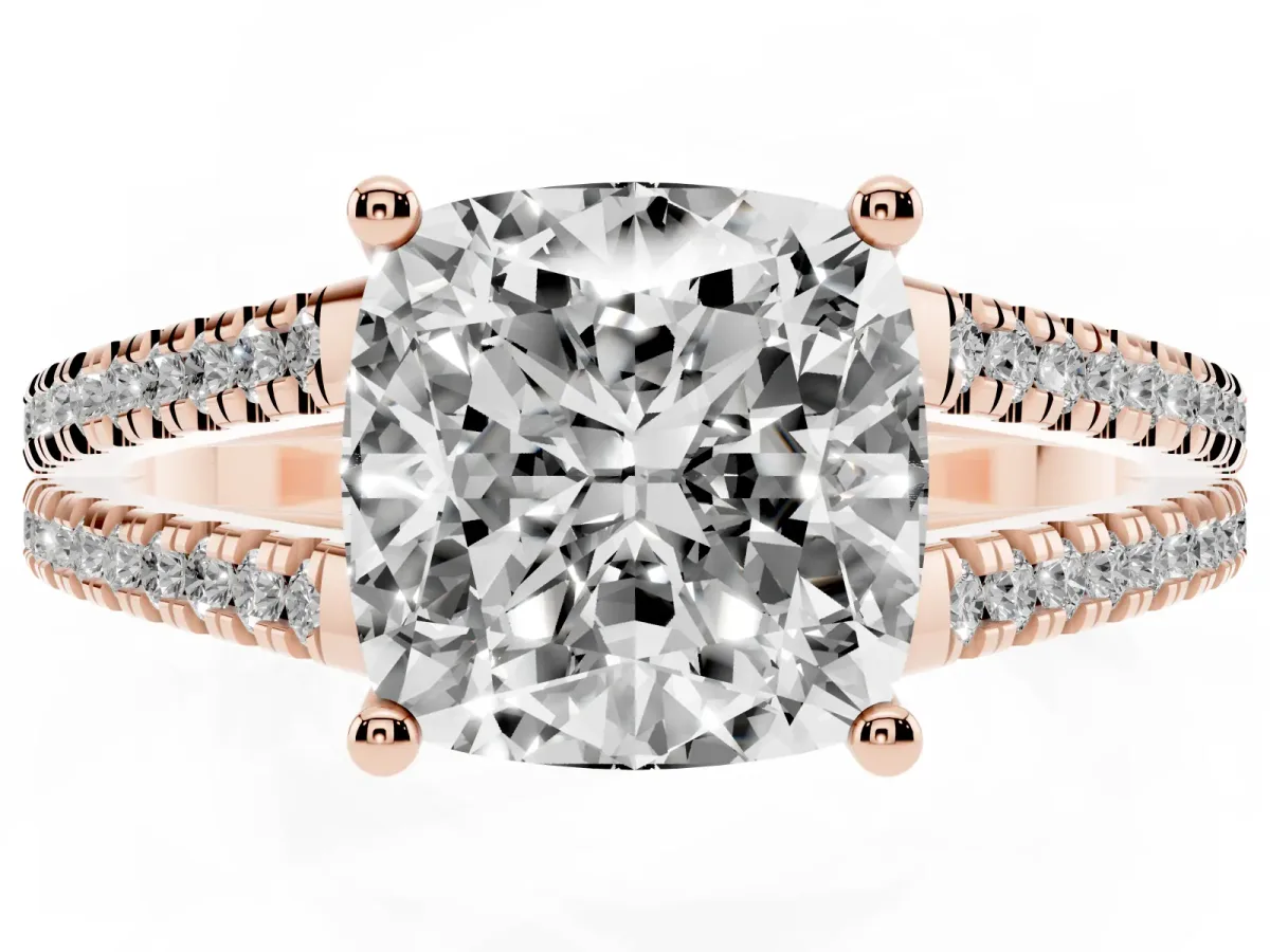 Cushion Cut Diamond Solitaire Engagement Ring with Split Shank Pavé Band Rose gold