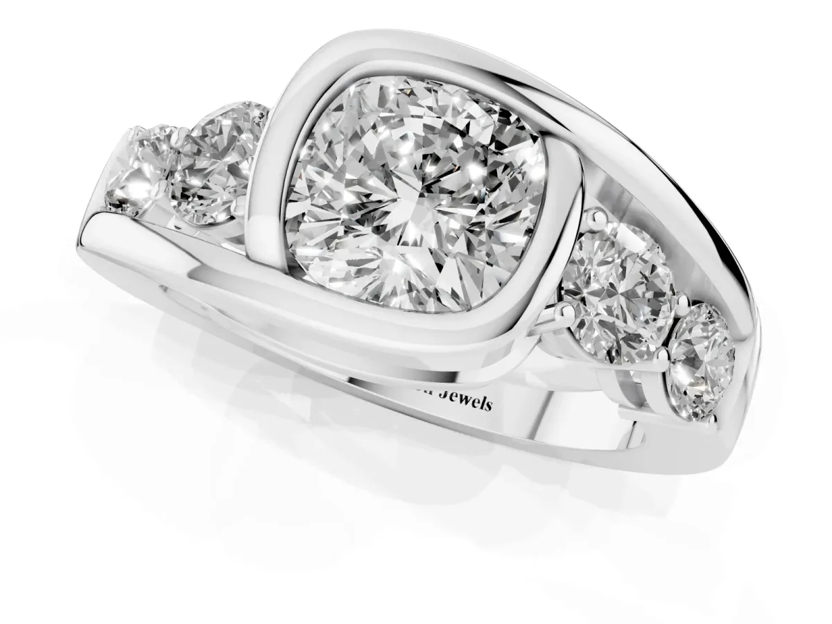 Bezel Set Cushion Cut Diamond Bypass Ring with Round Accents Silver