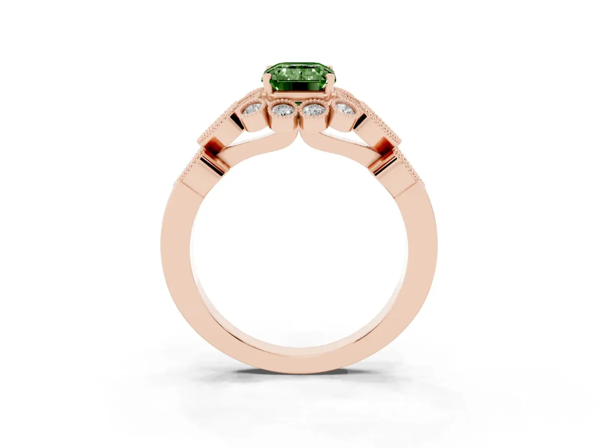 Fancy Green Emerald Cut Brilliant Milgrain Pave Heart Band Solitaire Ring Rose gold