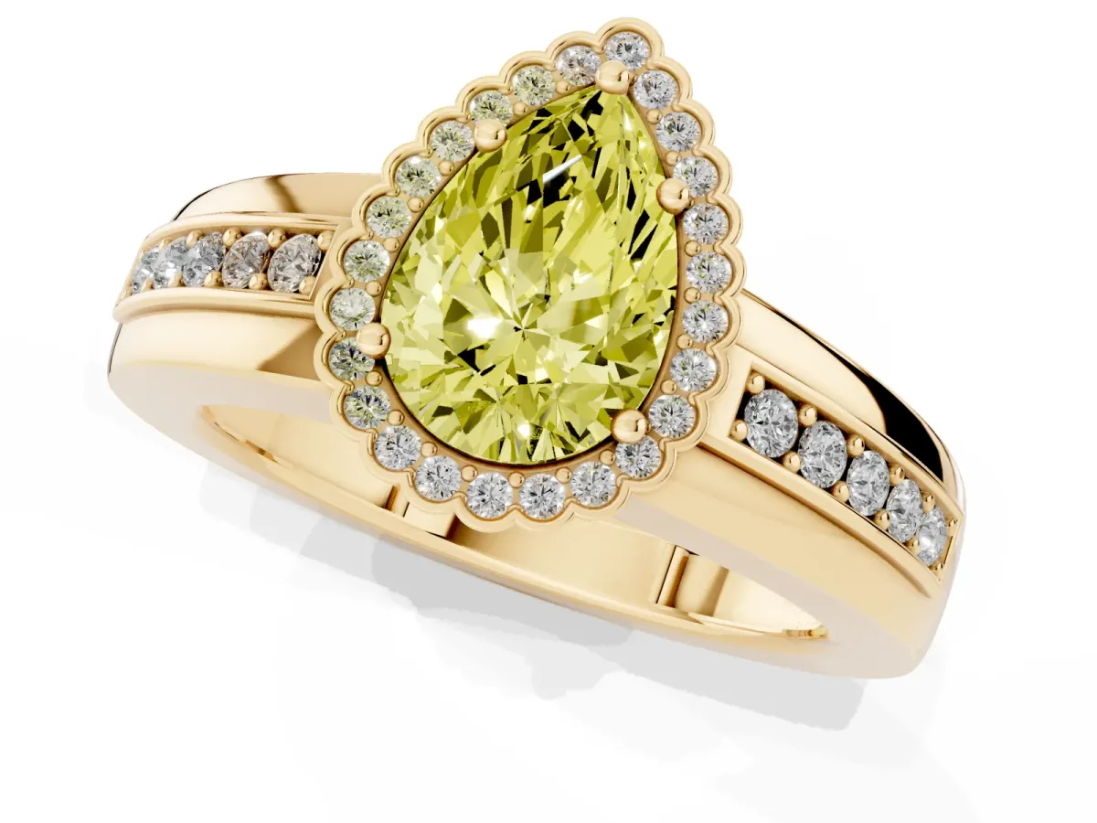Fancy Yellow Pear Cut Cut Halo Pave Band Four-Prong Ring Yellow gold