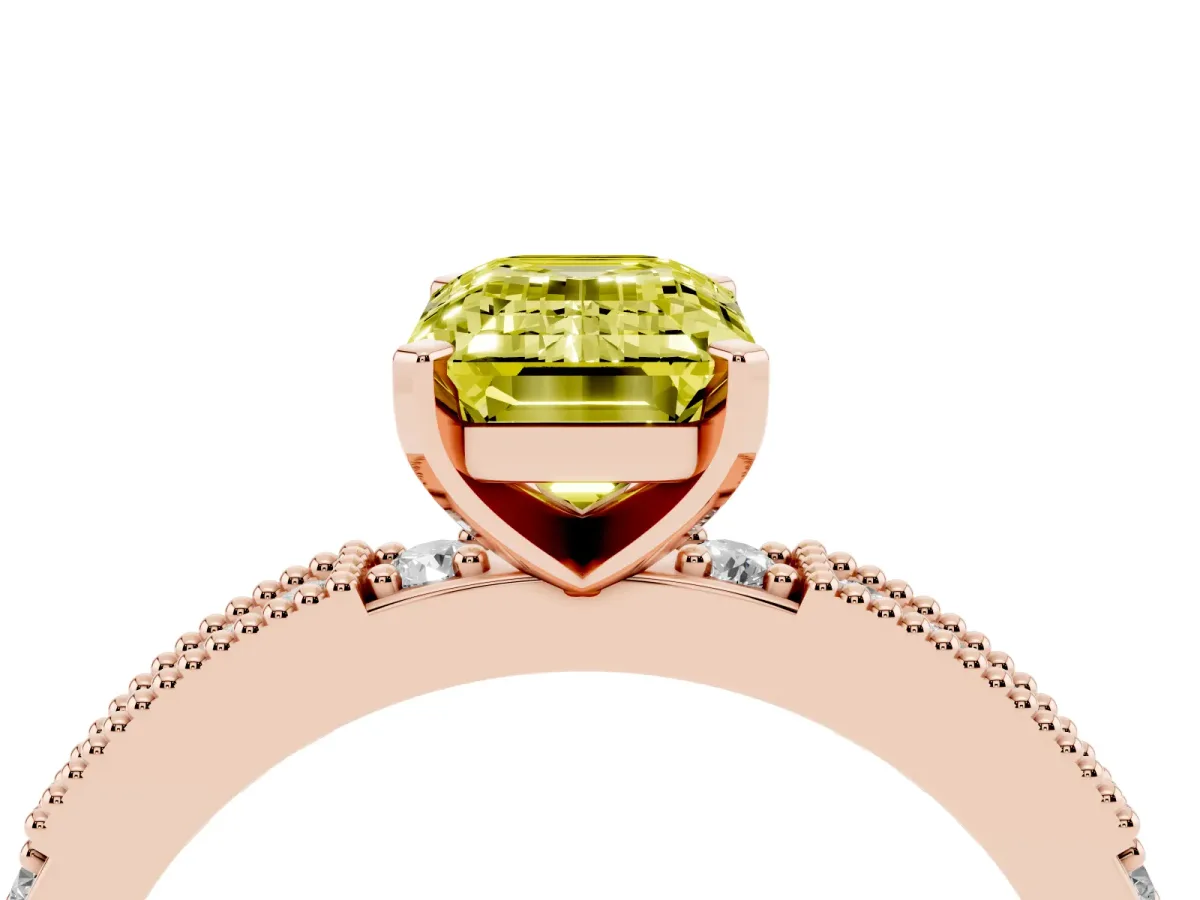 Fancy Yellow Emerald Cut Solitaire with Pavé Band and Four-Prong Setting Rose gold