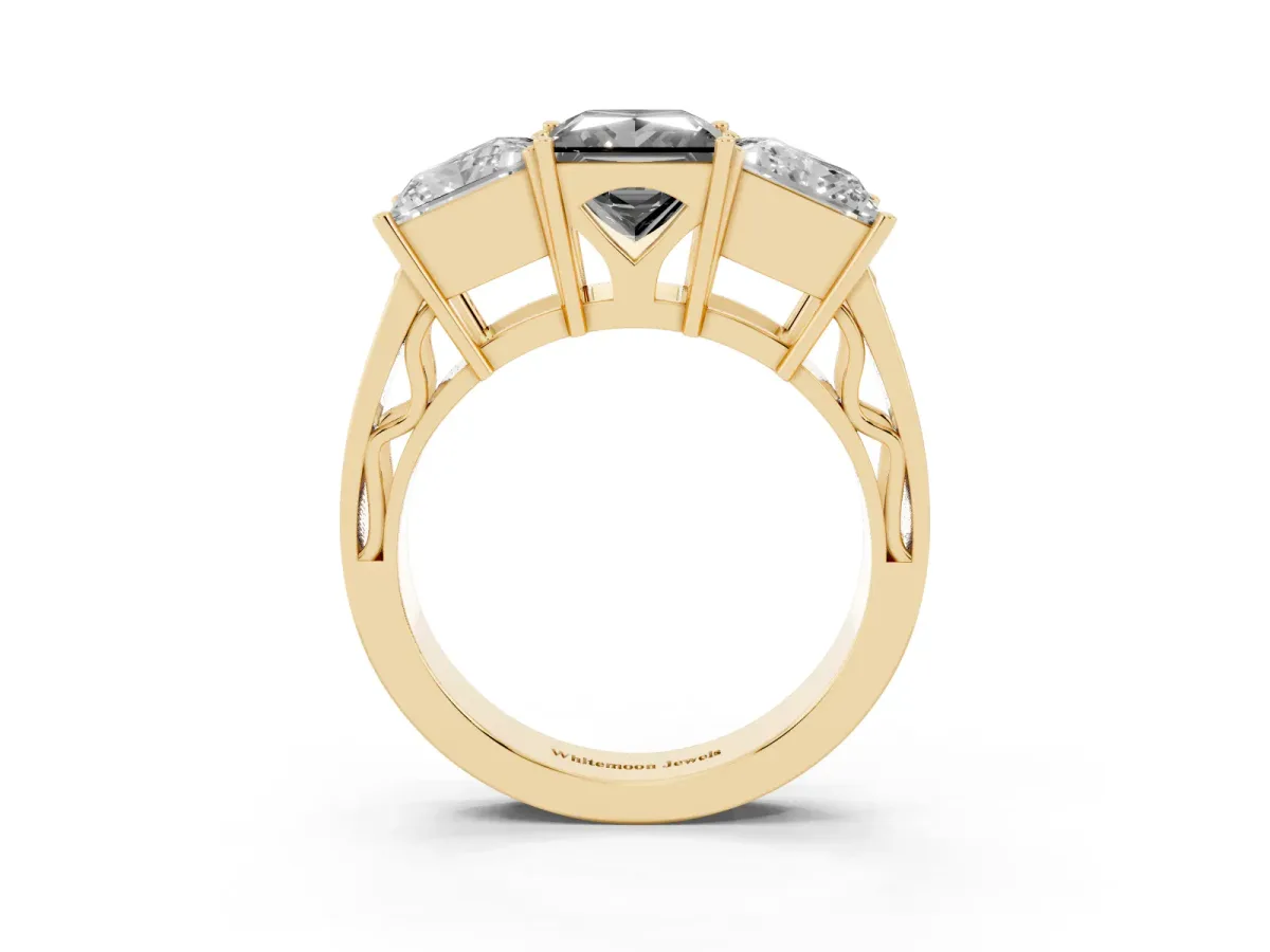 Fancy Black Princess Cut Diamond Three-Stone Ring with Prong Setting and Textured Band Yellow gold