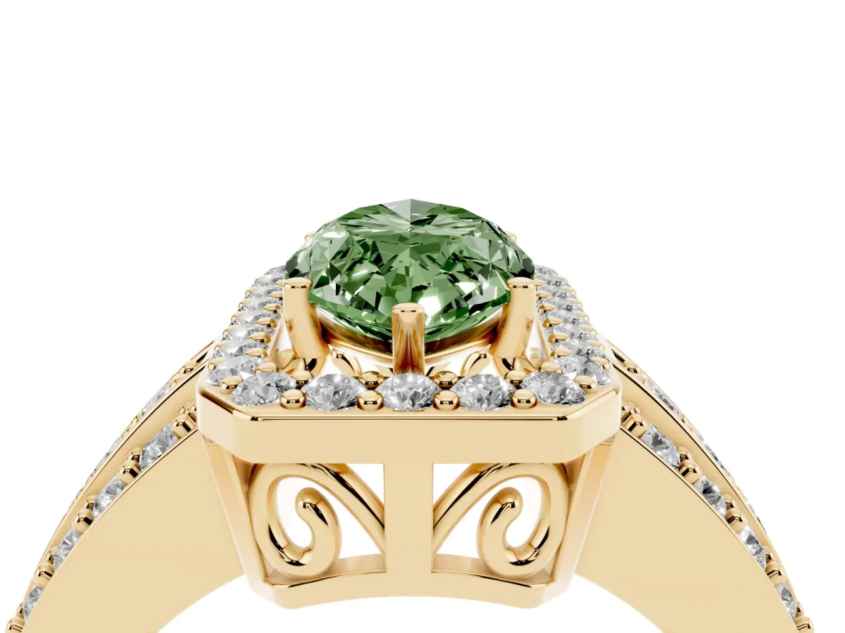 Fancy Green Marquise Cut Halo Diamond Ring with Round Split Shank and Prong Setting Yellow gold