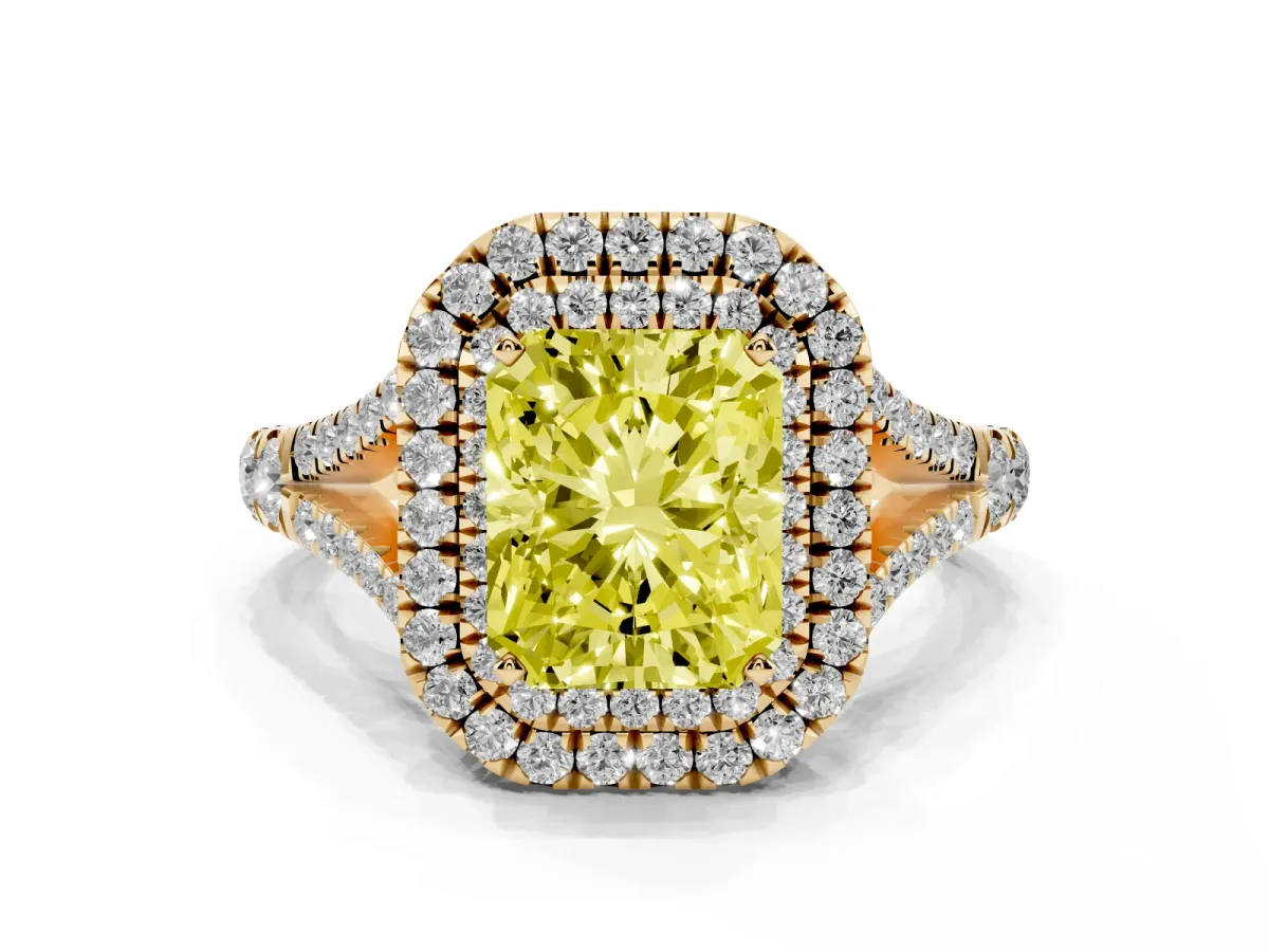 Fancy Yellow Radiant Cut Diamond Pavé Split Shank Double Halo Engagement Ring Yellow gold