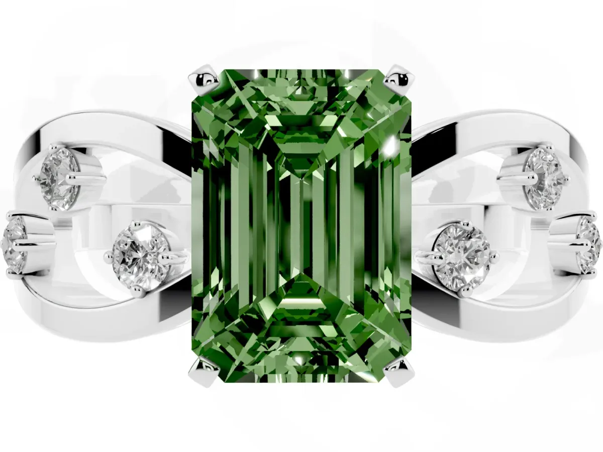 Fancy Green Emerald Cut Cut Solitaire Diamond with Side Stones on Criss-Cross Band and Four-Prong Setting Platinum