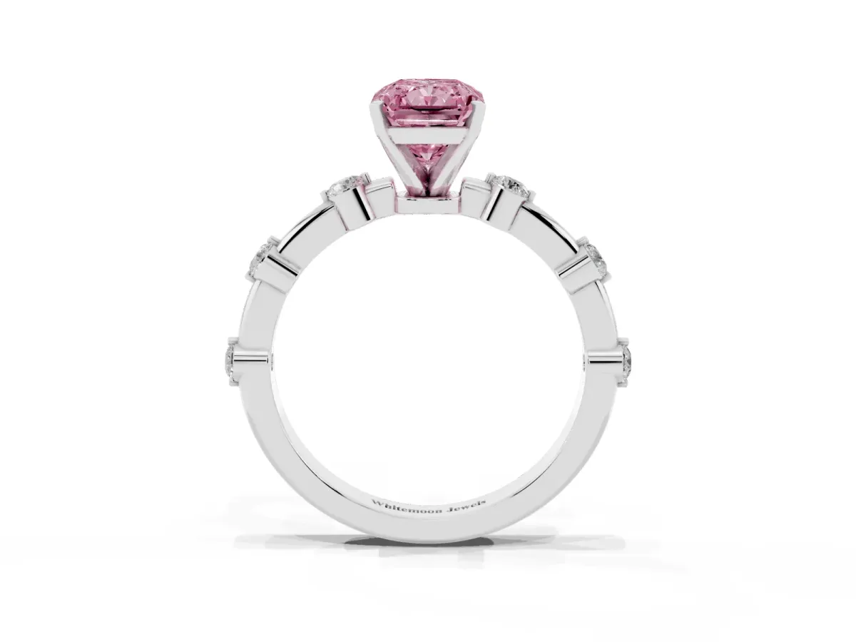 Fancy Pink Radiant Cut Solitaire Diamond Ring with Bezel Set Side Stones and Prong Setting Silver