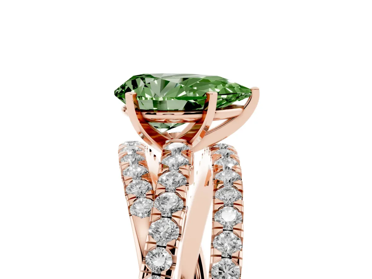 Fancy Green Pear Cut Solitaire Twist Band with Pavé Setting and Four-Prong Setting Rose gold