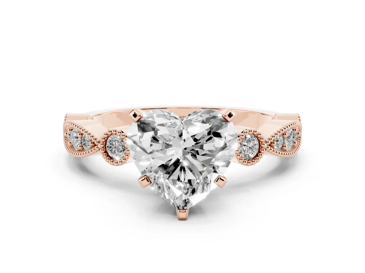 Heart Cut Milgrain Bezel Diamond Engagement Ring with Solitaire Prong Setting Rose gold