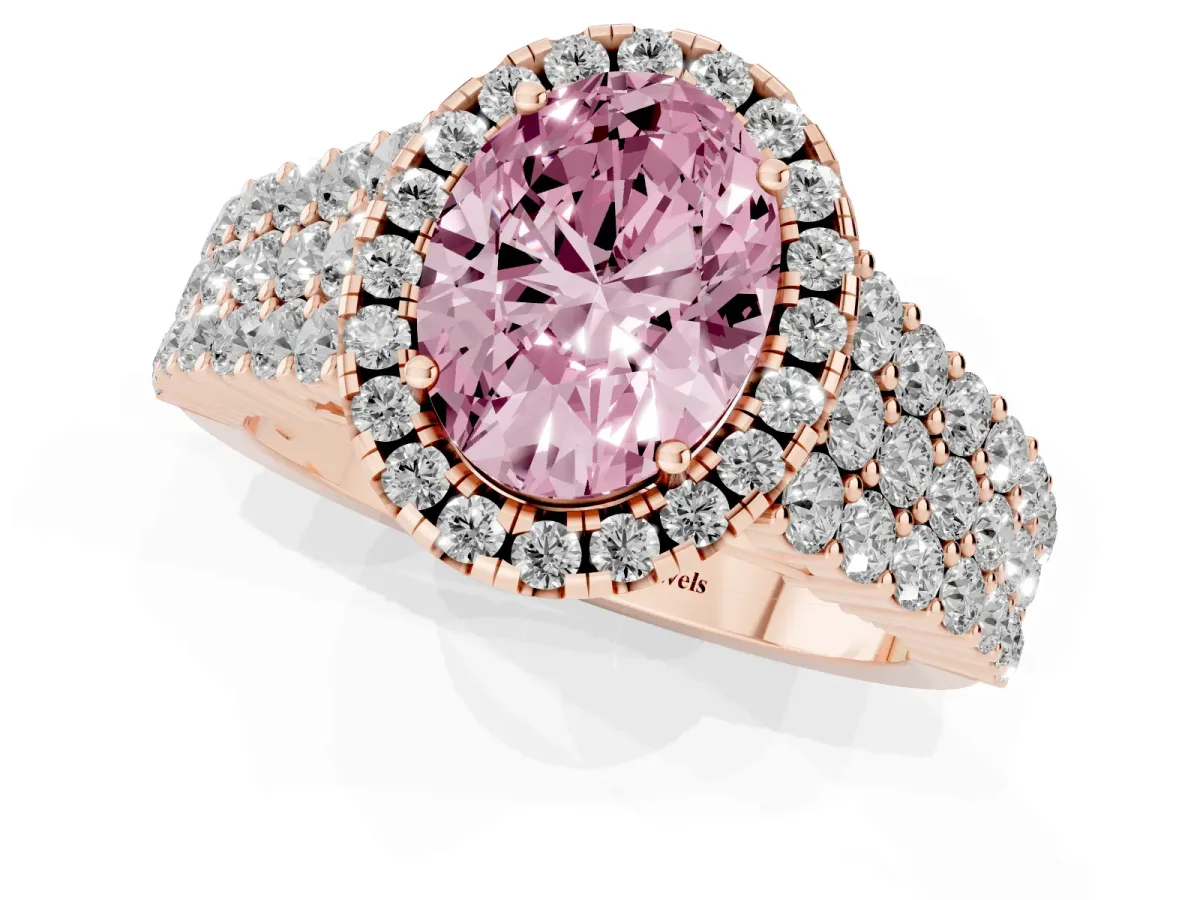 Fancy Pink Oval Cut Diamond Halo Engagement Ring with Triple Row Round Pavé Band and Prong Setting Rose gold