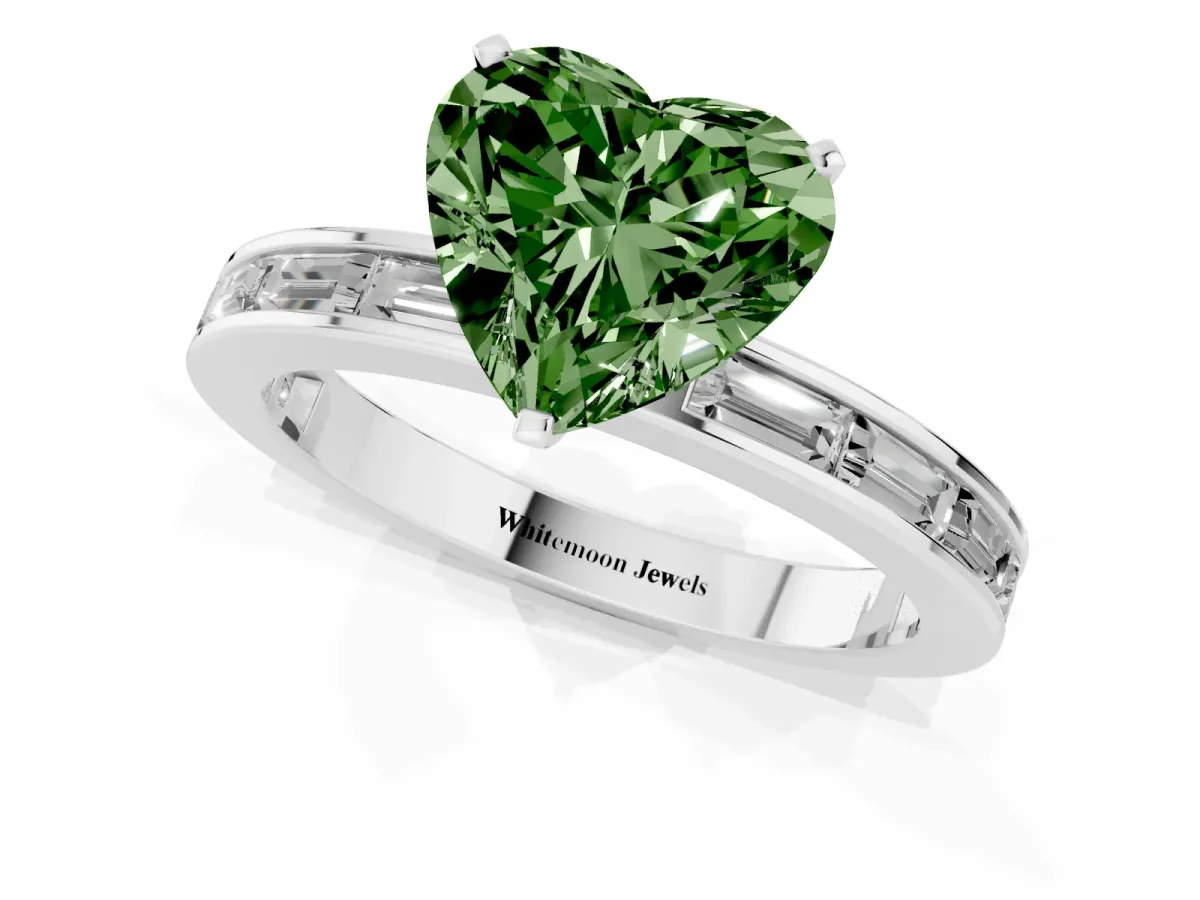 Fancy Green Heart Cut Solitaire Diamond Ring with Channel-Set Baguette Band and Four-Prong Setting Platinum