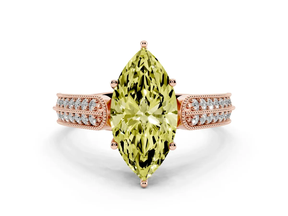 Fancy Yellow Marquise Cut Cut Pave Split Shank Engagement Ring with Four-Prong Setting Rose gold