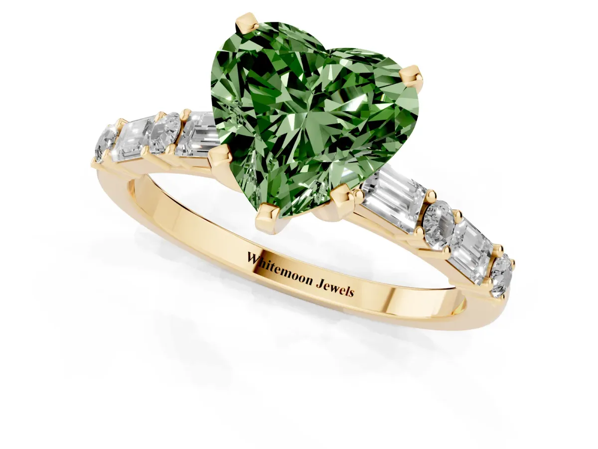 Fancy Green Heart Cut Diamond Solitaire with Side Baguettes and Channel Set Band Yellow gold