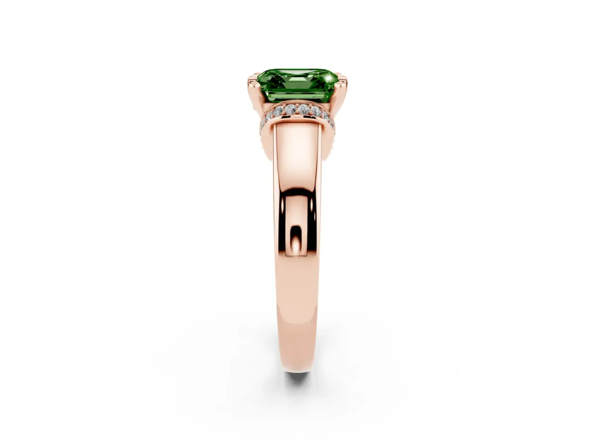 Fancy Green Asscher Cut Solitaire Diamond Ring with Pave Band and Six-Prong Setting Rose gold