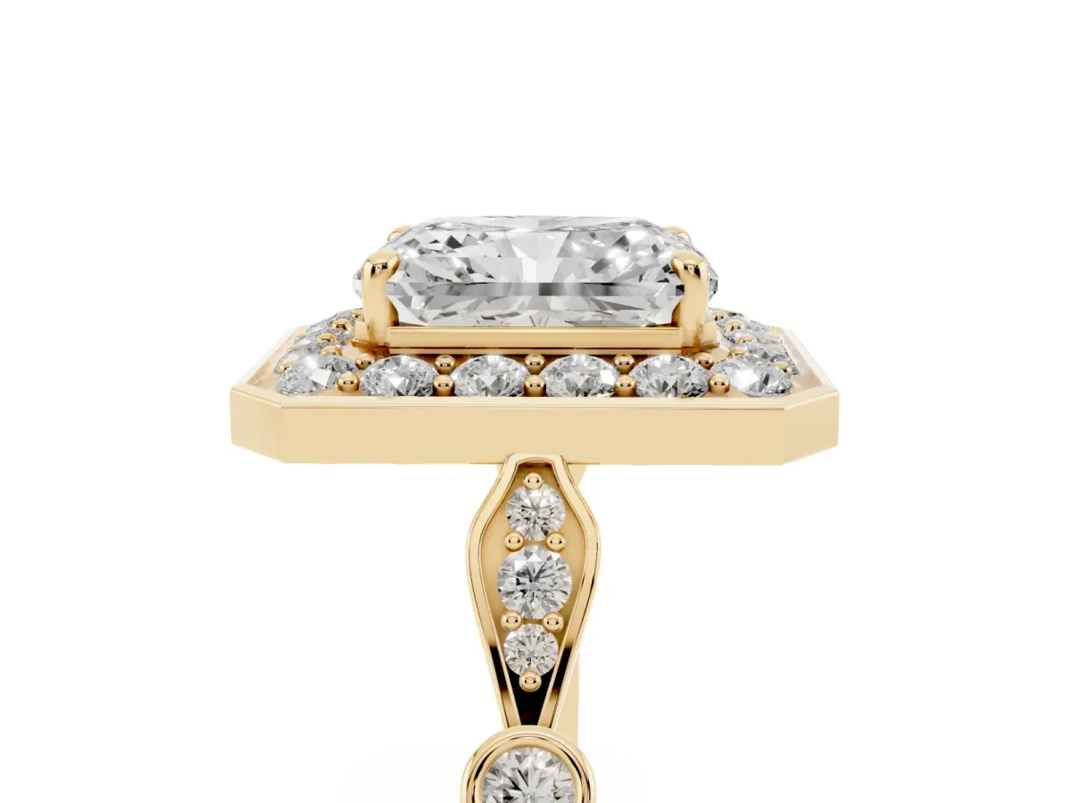 Radiant Cut Halo Diamond Engagement Ring with Twisted Band and Four-Prong Setting Yellow gold