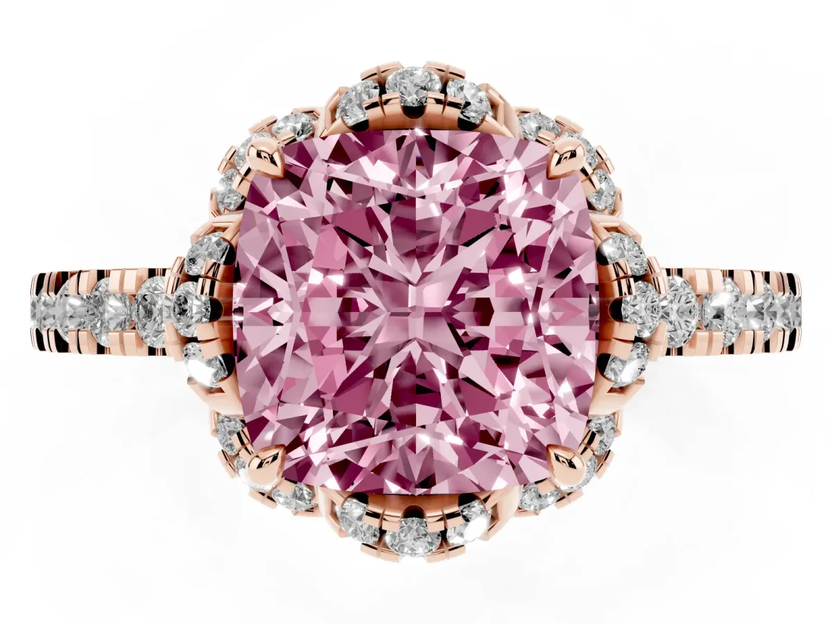 Fancy Pink Cushion Cut Diamond Halo Pave Band with Four-Prong Setting Rose gold