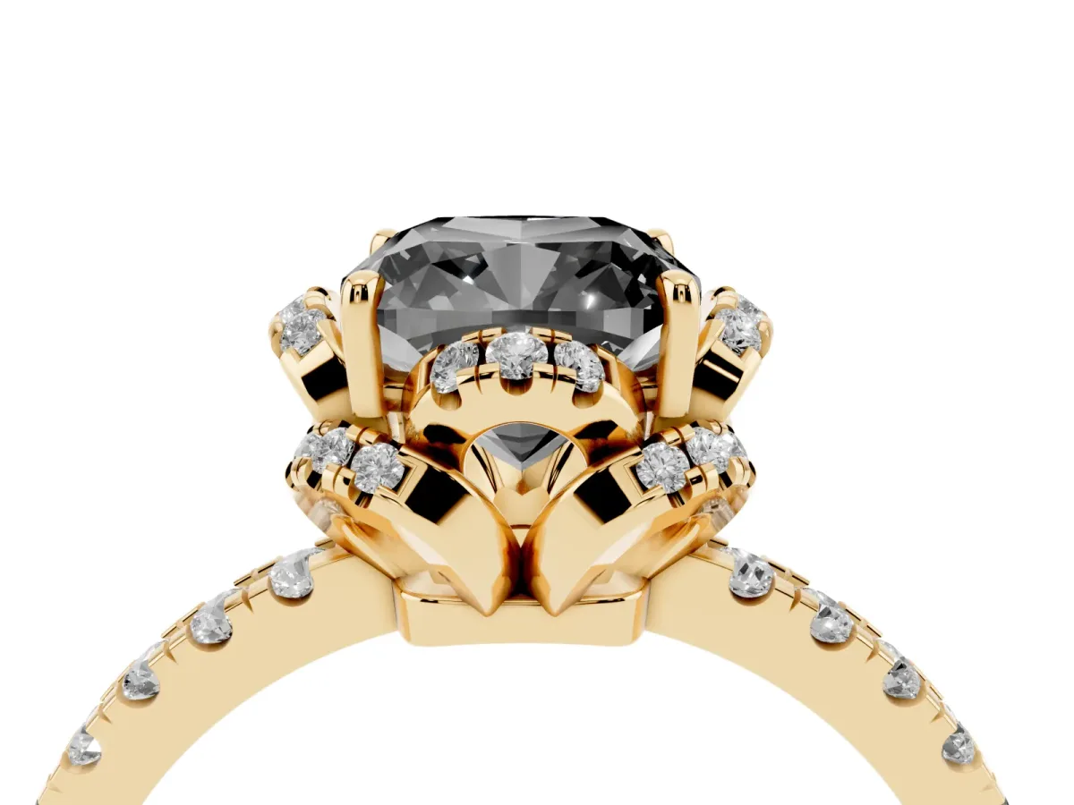 Fancy Black Cushion Cut Diamond Halo Pave Band with Four-Prong Setting Yellow gold