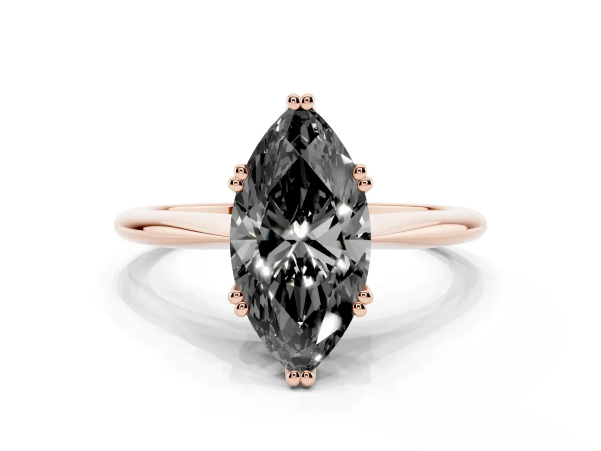 Fancy Black Marquise Cut Solitaire Diamond Ring with Six-Prong Setting and Classic Band Rose gold