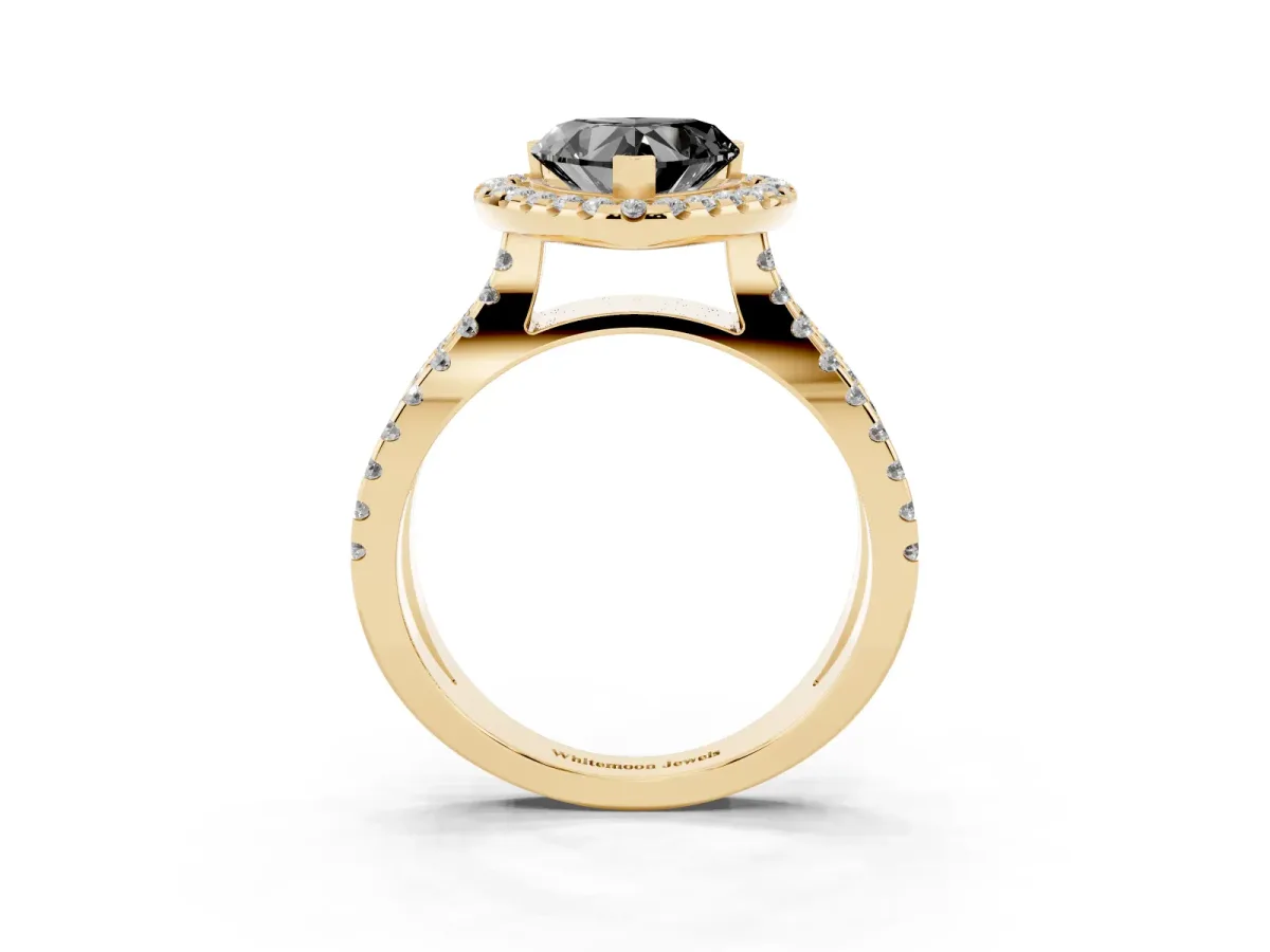 Fancy Black Heart Cut Diamond Halo Ring with Split Shank Pavé Band and Prong Setting Yellow gold