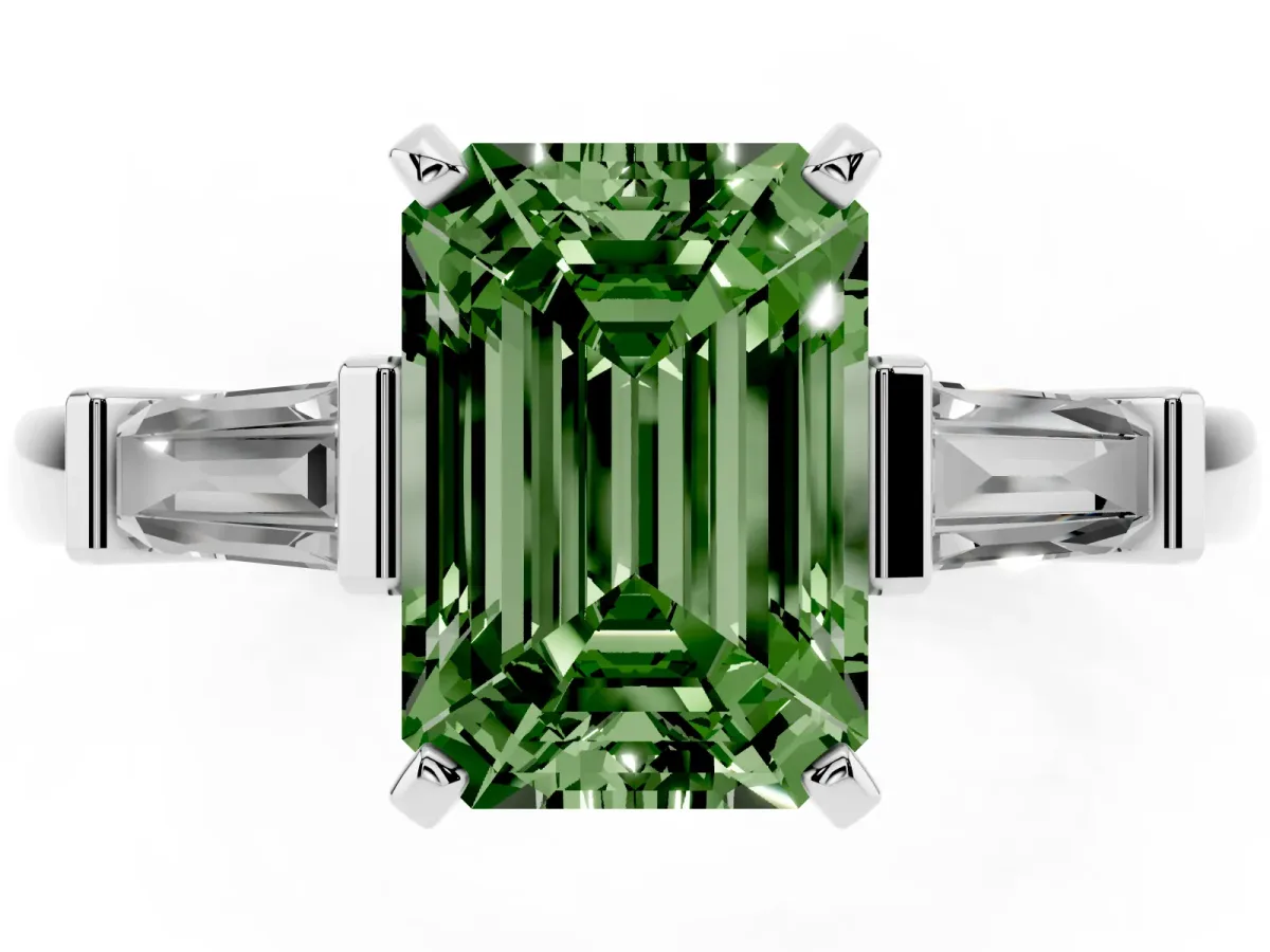 Fancy Green Emerald Cut Cut Diamond Solitaire Ring with Tapered Baguette Accents and Four-Prong Setting Silver