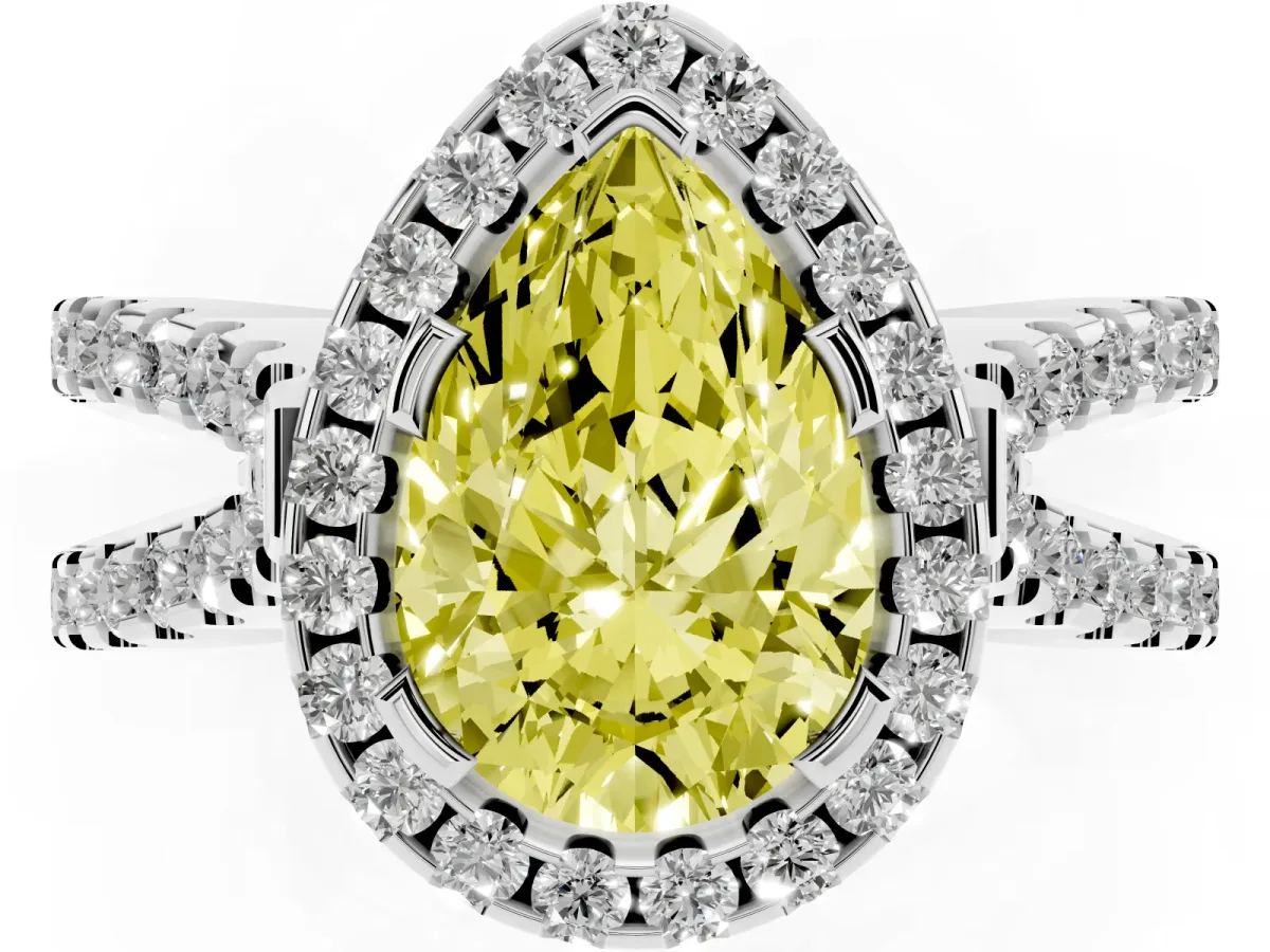 Fancy Yellow Pear Cut Diamond Halo Ring with Split Shank Pavé Band and Prong Setting Silver